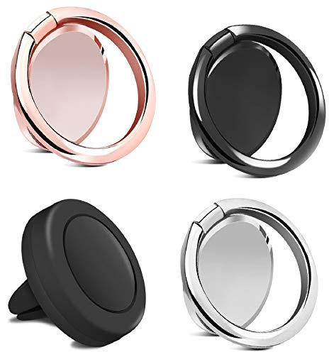 Rngeo Finger Ring Stand & Magnetic Mount Set, Pack of 4 Universal Thin 360 Degree Rotation Phone Rings & Air Vent Cell Phone Holder for Car, Compatible with All iPhone & Android Smartphones