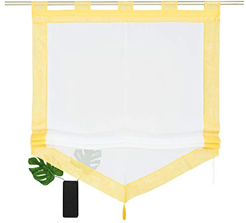 SIMPVALE 1 Stück Raffrollo Vorhang mit Quastendekoration, Höhenverstellbar Transparenter Voile Vorhänge, Modern Gardinen für Schlafzimmer Badezimmer Küche, Gelb, 140x140cm