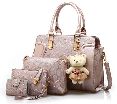 Pahajim Bolso Mano Mujer Moda Set Bolso de PU Piel, Conjuntos de Bolsos 4pcs incluye Tote Bag Bandolera Clutches Monedero,para Trabajo, Casual, Fiesta (Oro rosa)