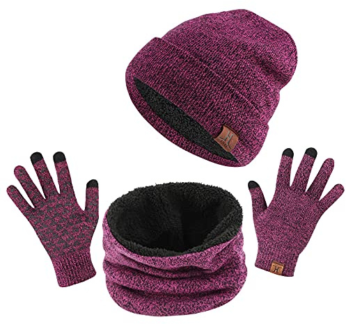 TAGVO Sombrero de Gorrita Tejida, Bufanda, Guantes de Pantalla táctil 3 en 1, Forro Interior de vellón Suave, Gorro de Gorrita Tejida, Gorro elástico, 3 Dedos Guantes táctiles de Pantalla