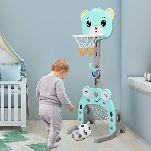 COSTWAY 3-in-1 Kids Basketball Stand with Football Goal & Ring Toss Play Set, 115-155cm Adjustable Height, Portable Sport Activity Center for Indoor Outdoor Game (Green)