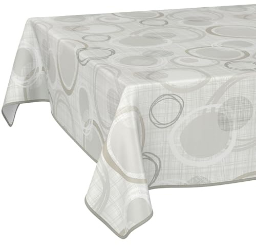 ANRO Tischdecke Wachstuch abwaschbar Wachstuchtischdecke Wachstischdecke Kreise Geometrie Weiß Grau 100x140cm mit Saum - Eingefasst