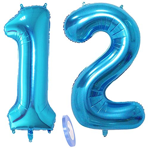 2 Numero di Palloncini 12, Numeri 12 Anni Compleanno Decorazioni Blu Bimbo Bambina Ragazza Ragazzo Uomo, Blue 40 Gigante Foil Elio Palloncino Gonfiabile Balloons Happy Birthday Festa (XXXL 100cm)