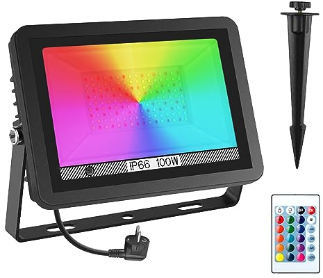 RGB LED Strahler 100W, T-SUNUS RGB LED Fluter Außen mit Fernbedienung, IP65 Wasserdicht 16 Farben und 4 Modi Strahler Outdoor Farbig für Party Disco Feiern Bühne