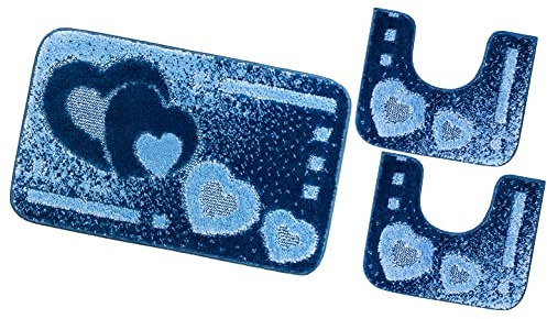 emmevi Tappeto Bagno Parure Morbido Antiscivolo Assorbente Lavabile Moderno MOD.ITACA Set 3 Pezzi Blu