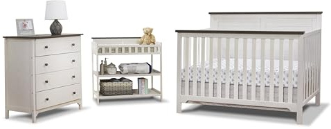 Sorelle Furniture Farmhouse 3-Piece Nursery Set with 4-in-1 Convertible Crib, 4-Drawer Dresser, and Changing Table with Shelves, Baby Furniture Made of Wood, Non-Toxic Finish-Chocolate and White