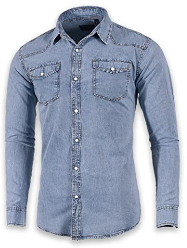 Camisa Vaquera de Manga Larga con Doble Bolsillo para Hombre(XXXL,Blue Vintage)