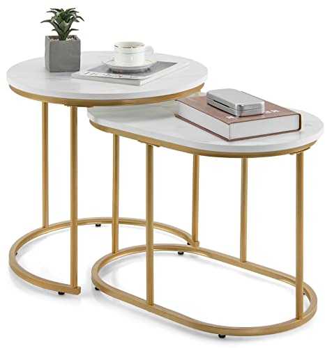 Giantex 2er Set Beistelltisch Marmor Gold, Couchtisch Sofatisch Verschiedene Größen, Wohnzimmertisch zusammenschiebbar, Kaffeetisch Satztisch modern Design, Nachttisch Goldener Metallrahmen