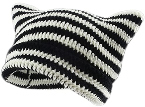 Women's Cat Beanie Crochet Hats with Ears Knitted Striped Winter Warm Elastic Cap for Girls Adults Kids (White Black)