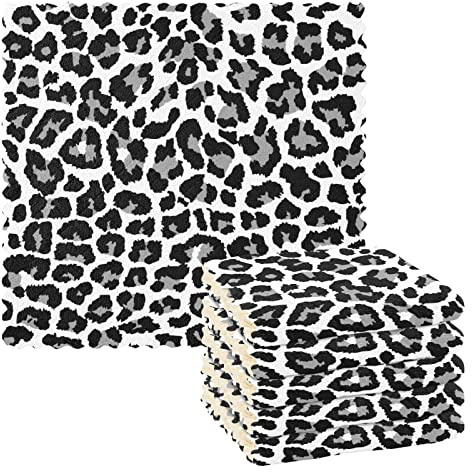 CaTaKu Schwarz und Grau Leopard Geschirrtücher - Wiederverwendbares Reinigungstuch, Mikrofaser-Waschlappen für Küche, 6 Stück
