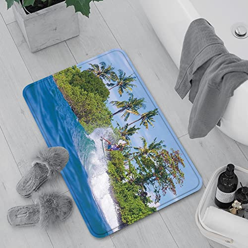 Badematte rutschfest, Badteppich für Badezimmer,Ride The Wave, Surfer im Ozean von Bali Island Palmen Verträumte Naturlandschaft, Farn ,Waschbar Badezimmerteppich für Wohnzimmer Schlafzimmer 60x100 cm