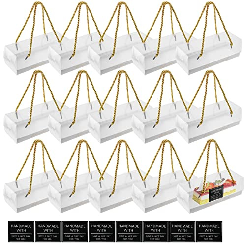PINGEUI 20 PCS Clear Swiss Roll Cake Box, 18.5x6.5x6.5cm Rectangle Swiss Roll Container With Handle and Stickers, Swiss Roll Packaging for Cake Bakery, Party and Christmas