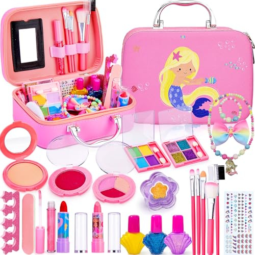Lubibi Makeup Sets for Girls,24 Pcs Washable Real Make Up Kit with Mermaid Cosmetic Case, Non-Toxic Kids Makeup Set for Little Girls,Children Play Make-Up Toy Mermaid Gift Age 3 4 5 6 7 8 9