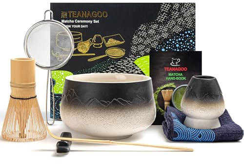 TEANAGOO Matcha Set| Matcha Besen|Matcha Tea Set | Matcha Schale| Matcha Whisk,Schaufel, Sieb, Matcha-Besenhalter, Matcha-Besenständer-7 Stück MatchaTee Sets,N24, Weiß mit Farbverlauf