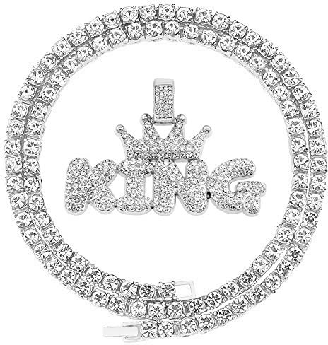 HH BLING EMPIRE Iced Out Name Pendant Chain Necklaces for Men Gold Silver Diamond Letter Necklace Hip Hop Crown King Rope Chains 24 Inch (Crown King-Silver,& Rope)