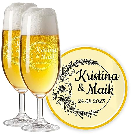LALALO Leonardo Hochzeit Bierglas Geschenk-Set (2 St.) graviert, Biertulpe/Pilstulpe mit Gravur personalisiert als Hochzeitsgeschenk, Hochzeitstag, Standesamt (Rosenromantik)
