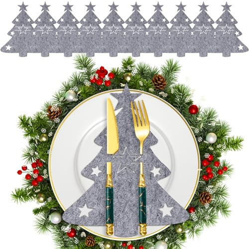 Atuoxing 12 Stück Bestecktasche Weihnachten, Tischdeko Weihnachten, Besteckhalter Weihnachten Filz, Weihnachtsbaum Bestecktasche mit Stern für Weihnachtsdeko Tisch
