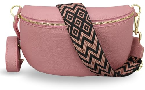 Adel Bags Bauchtasche Damen Echtleder Emma Gold Handgemachte Umhängetasche Crossbody Bag mit Optionalen Breiten Gemusterten Riemen Stylische Hüfttasche Made in Italy (Altrosa-Gold 5, Medium)