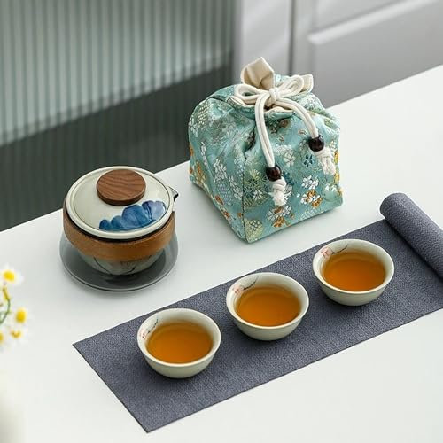 Tragbares Tee-Set mit Blumenmotiven, 1 Keramik-Teekanne und 3 Mini-Tassen, Tee-Set für eins bis drei, Camping-Teeservice Geschenk für Teeliebhaber (Lotus)