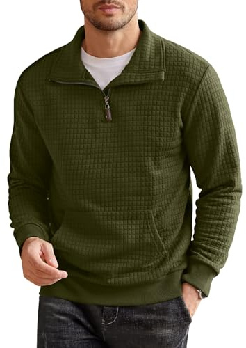 Coofandy Men's Quarter Zip Sweatshirt Long Sleeve Solid Plaid Jacquard Pullover with Pocket