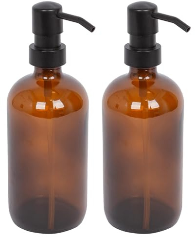 Harbour Housewares Amber Glass Soap Dispensers Pack of 2-500ml Refillable Bottles with Black Pumps - Bathroom and Kitchen Accessories for Hand Wash, Lotion or Washing Up Liquid