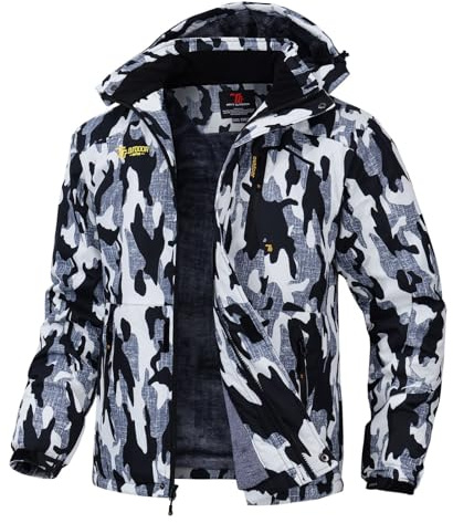 Rdruko Giacca da sci da uomo, calda, foderata, ispessita, impermeabile, da snowboard, traspirante, con cappuccio rimovibile, Colori mimetici, XS