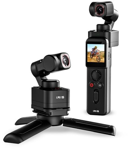 IZI Fotocamera IRIS 4K CMOS da 1/1,3, doppio display staccabile, stabilizzatore cardanico a 3 assi, supportato da 512 GB, batteria da 160 minuti, tracciamento AI, videocamera portatile per vlogging,