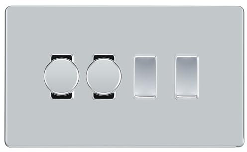 BG Polished Chrome Screwless 4 Gang Switch 2x Trailing Edge LED Dimmer 2x 2 Way
