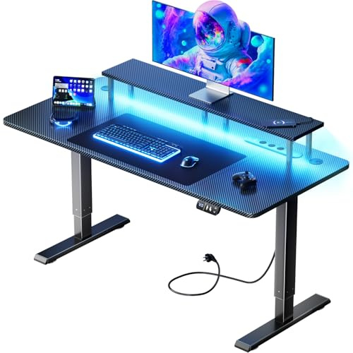 HLFURNIEU Escritorio Elevable Electrico LED 160 x 60 cm, Mesa Gaming con Enchufes & Puertos USB, Escritorio Gaming con Soporte para Monitor, 2 Control de Memoria, Mesa Ordenador Negro