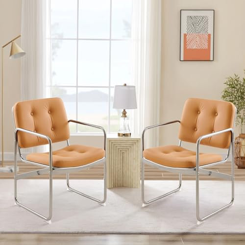 COLAMY Modernes Essstuhl-Set 2er, Knopfgepolsterter PU-Leder-Esszimmerstuhl mit Metallbeinen für Zuhause/Wohnzimmer/Büro/Esszimmer, Braun