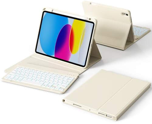KVTVOU Funda con teclado para iPad A16 2025 / iPad 10ª generación 2022, RGB Bluetooth Teclado Magnético, Suave TPU a prueba de golpes, bandeja para lápices derecha, QWERTZ, blanco crema