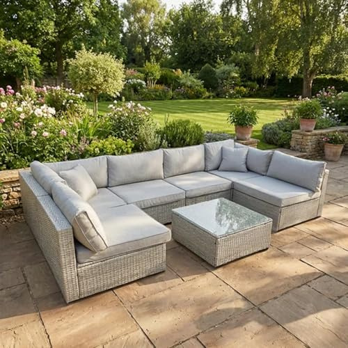 Furnishings For Less UK 6-Piece Rattan Garden Patio Grey Furniture Set, U-Shape Sofa with Coffee Table (U Shape + Coffee Table + Cover)