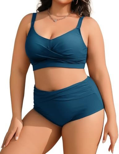 Tuopuda Costume Donna Due Pezzi Taglie Forti Push Up Imbottito Reggiseno Costumi da Bagno Bikini Mare a Spiaggia Piscina Curvy Swimwear Regolabile M-4XL, Verde-Blu, XL