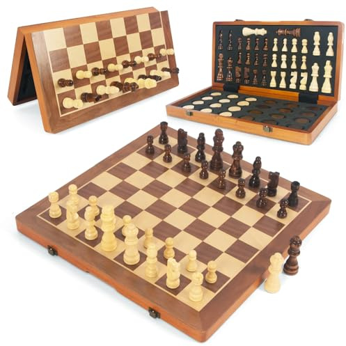 WOODENFUN Jeu d'échecs magnétique en bois pour adultes et enfants, échiquier pliable 40 x 40 cm, jeu d'échecs portable, bois de noyer et de pin (marron, 2 en 1)