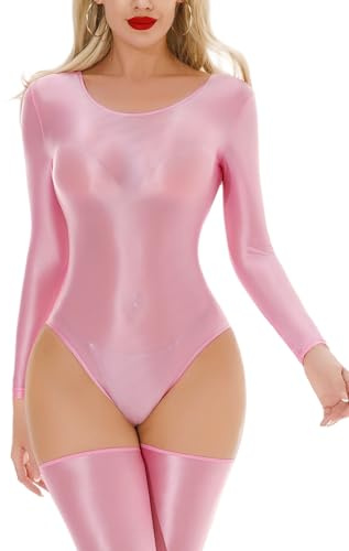 Maeau Dam body tunn transparent stringbody olja glänsande leotard bodysuit figurnära babydoll nattkläder M-XL, ROSA, L