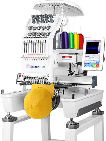 Smartstitch S-1001 Macchina da Ricamo Aggiornata 10 Aghi,Velocità Massima 1200SPM,Touch Screen 7,Area di Ricamo 24x36cm(9.5x14.2),Macchine da Ricamo Commerciali per Tessuti Piatti,Cappelli,Magliette
