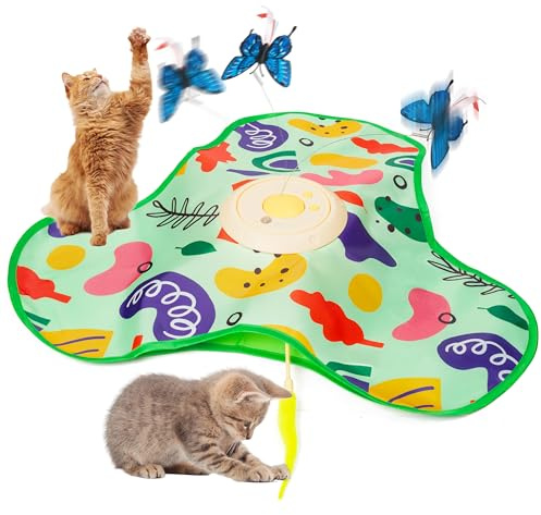 TirEurt Interaktives Katzenspielzeug mit Federautomatik Automatisches | Katzenspielzeug mit 3 Spielmodi Schmetterlinge und Federn verrückt Katze Spielzeug Einstellbare Geschwindigkeit