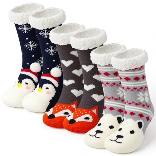 Hestya 3 Pares Calcetines de Invierno de Navidad Antideslizantes Esponjosos de Pantuflas Cálidos de Dormir Regalo(Unisex,Animal de invierno)