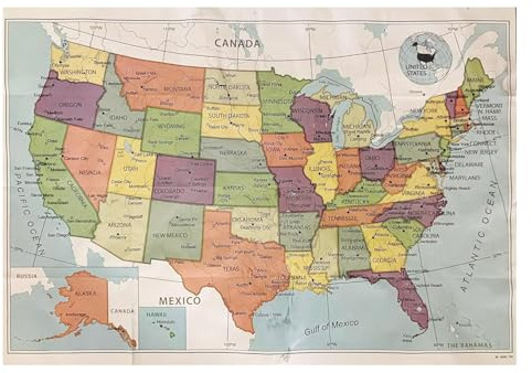 Carta da Parete Premium USA, Stati Uniti d'America, 100 x 70 cm, Design Colorato con il Campidoglio e le Principali Città