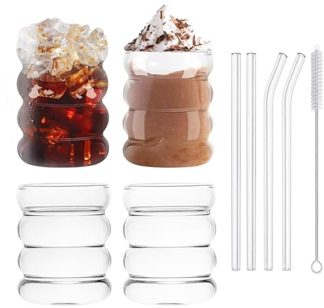 CxutSa 4PCS Iced Coffee Glass 300ML Latte Glasses Drinking Glasses with Straws Glass Coffee Mugs Ribbed Glasses Wavy Glass Coffee Glasses Clear Vintage Glass Cups for Coffee Milk Juice Tea