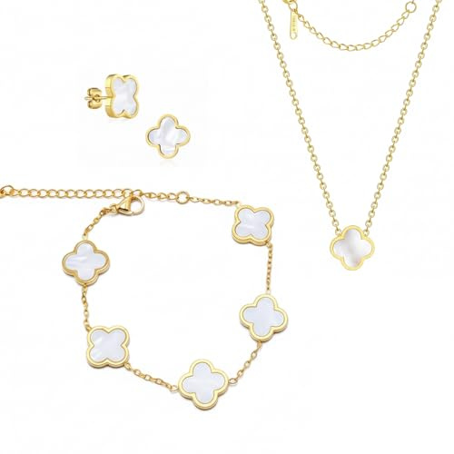 HESUSUSI 18K Goldplattiertes Vierblättriges Kleeblatt Schmuck Set, Edelstahl Zweiseitig Vierblättriges Schmuck, Halskette Ohrringe Armband Ring Valentinstag Muttertag Weihnachten Geschenk für Damen