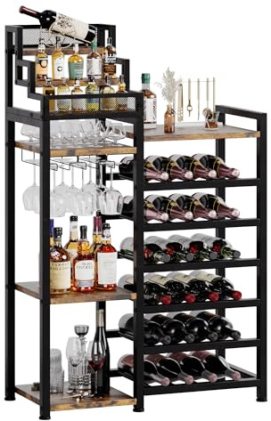 Feonase Metal Free Standing Wine Rack for 24 Bottles - Black Wine Rack with Bar, Glass Holder, Open Shelves, Wine Racks Storage
