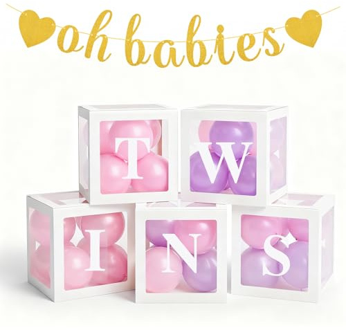 White Twins Party Supplies - Balloon Boxes & Banners Includes 5 Clear Balloon Boxes, 5 Letters, And Oh Babies Gold Banner For Twins Christening Parties, Birthday Parties, And Gender Reveal Decorations