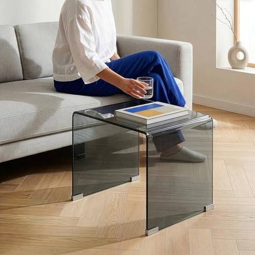 [en.casa] Beistelltisch Varlofrek Grau Glas 50 x 50 x 50 cm Wohnzimmer Glastisch Couchtisch Nachttisch für Schlafzimmer