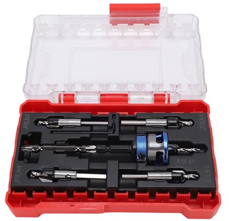 SaatVa Kit de brocas para avellanador de profundidad ajustable con 5 brocas de acero al carbono M2, vástago hexagonal de 6,5 mm y collar de tope de aluminio para un avellanado