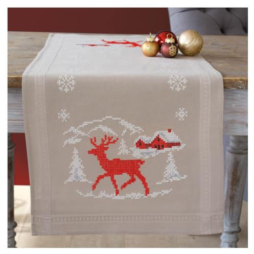 Vervaco Stickpackung Kreuzstich Set Vorgedruckt Tischläufer Norwegischer WInter Stickdecken Vorgezeichnet Basteln Erwachsene Kreativ Stickläufer zum Selbersticken 40 x 100 cm Stickset
