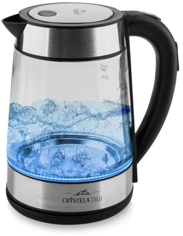 ETA glas-vattenkokare Crystela Digi I temperaturinställning 50–100 °C I varmhållningsfunktion I 1,7 liter I 2 200 watt I vattenkokare av glas