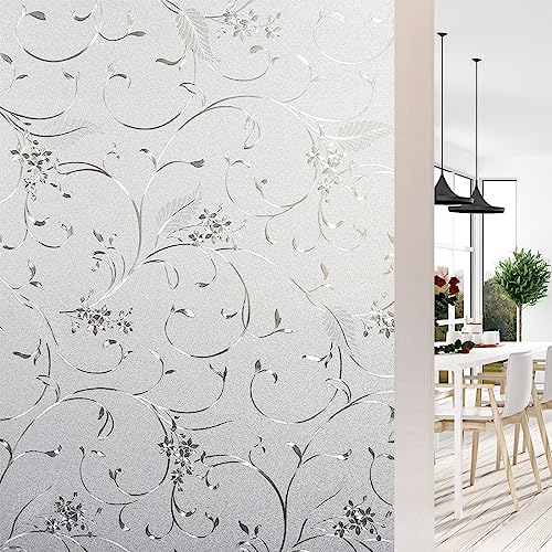 Shackcom Fensterfolie Sichtschutz Selbsthaftend 90x400cm Blickdicht Sichtschutzfolie Milchglasfolie Statisch Haftend Anti-UV Dekorfolie mit Weinpflanzenmuster für Badezimmer Wohnzimmer-J008