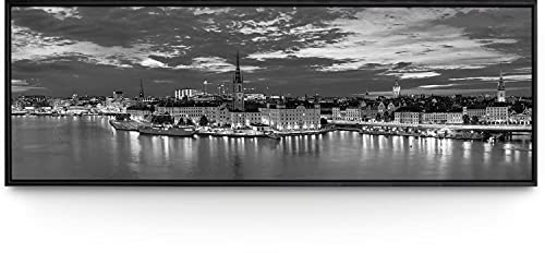 BilderKing Wandbild Stockholm Nacht Skyline schwarz/weiß - 150cm x 50cm Leinwand auf 2cm Keilrahmen mit Schattenfugenrahmen schwarz