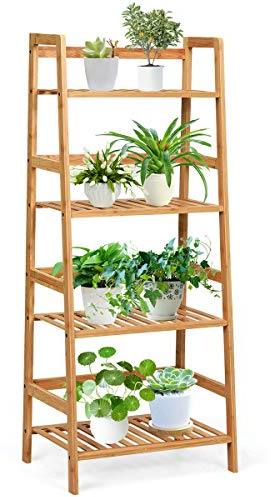 GRAFFY 4-Tier Ladder Shelf Plant Stand, Bamboo Ladder-Shaped Bookcase Storage Shelves, Multifunctional Display Rack, Plant Stand Flower Pots Holder for Living Room/Bathroom/Bedroom (Natural)
